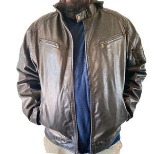 NWT Mens Pleather Moto Bomber Sherpa Lined Dark Brown Jacket